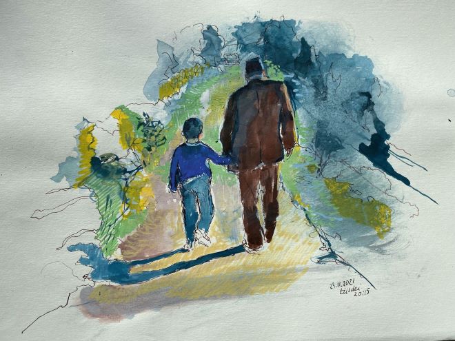 De zoon van de auteur, hand in hand met zijn opa, op vakantie in de Rif, Marokko Illustratie: Gosse Koopmans